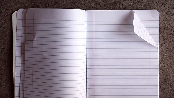 An open notebook showing two blank ruled pages on a plain surface