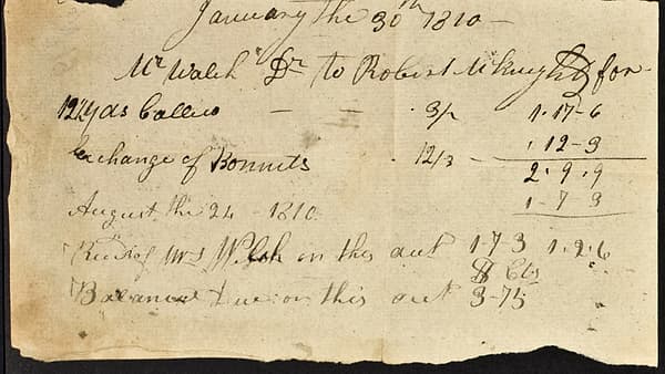 A handwritten account statement showing ruled columns of entries and totals