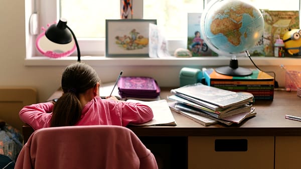 A child working at a desk by a window with a globe and books beside them