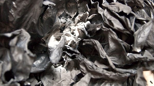 Burnt paper and ash lying on a dark surface, the edges of the sheets charred