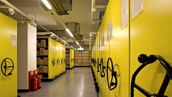 Rows of movable archive shelving units packed with document boxes in a repository