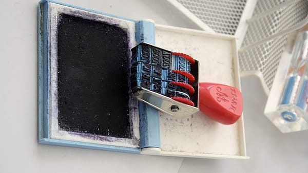 An office date stamp resting on an open ink pad on a wooden surface