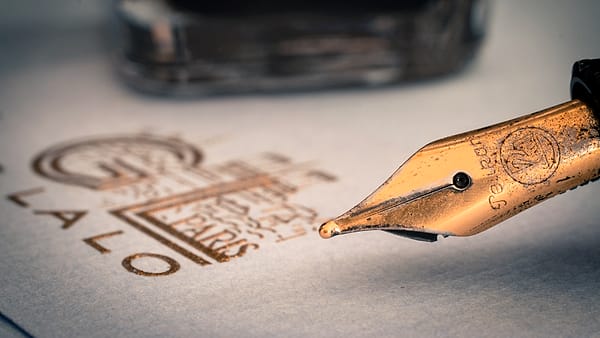 A fountain pen photographed close up, its nib and barrel filling the frame