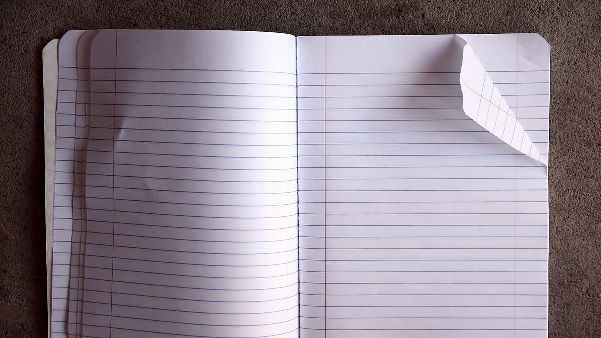 An open notebook showing two blank ruled pages on a plain surface